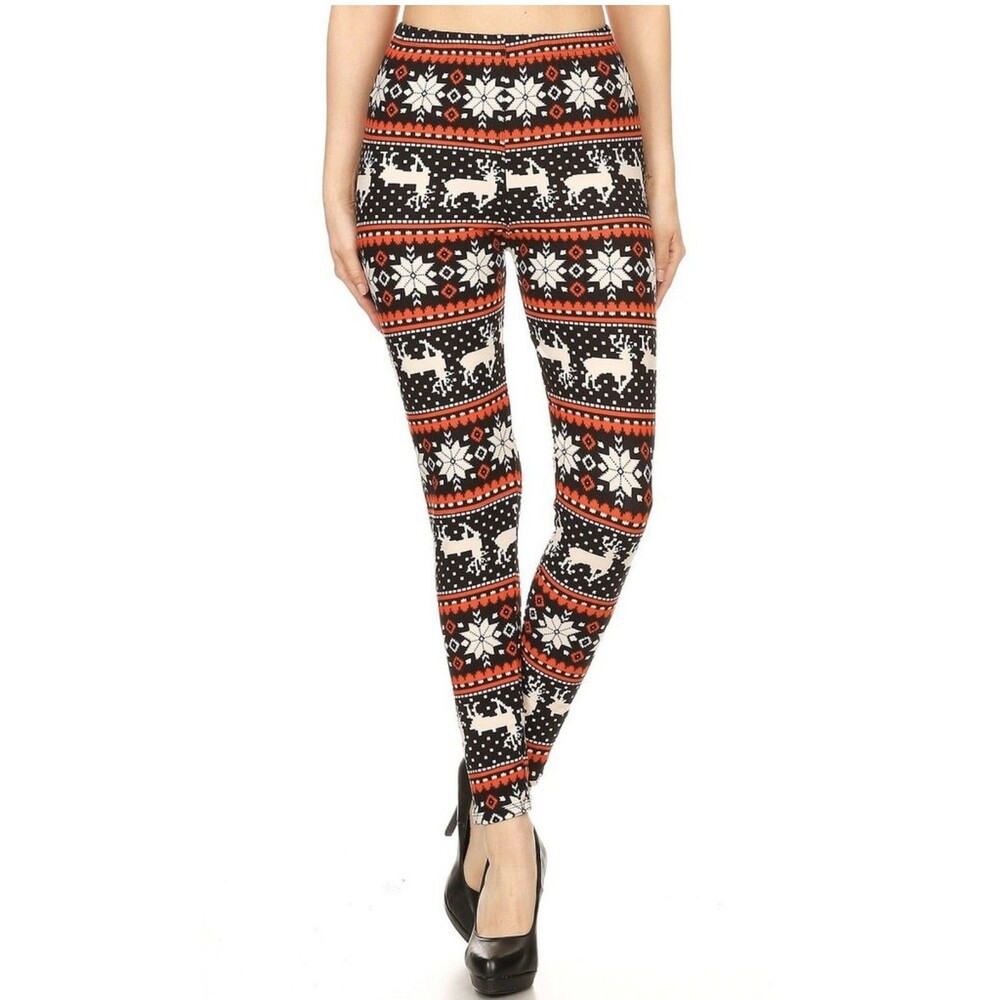 Reindeers Black, White & Red Christmas. Buttery Soft Leggings -One Size 2-12